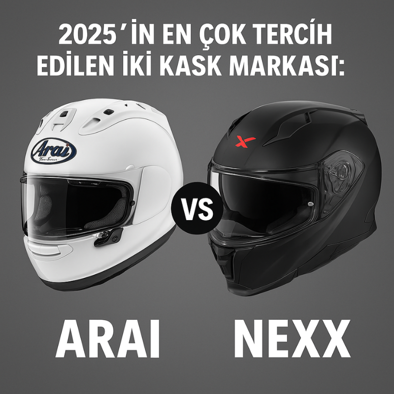 2025 model Arai ve Nexx kaskları karşılıklı olarak sergilenirken