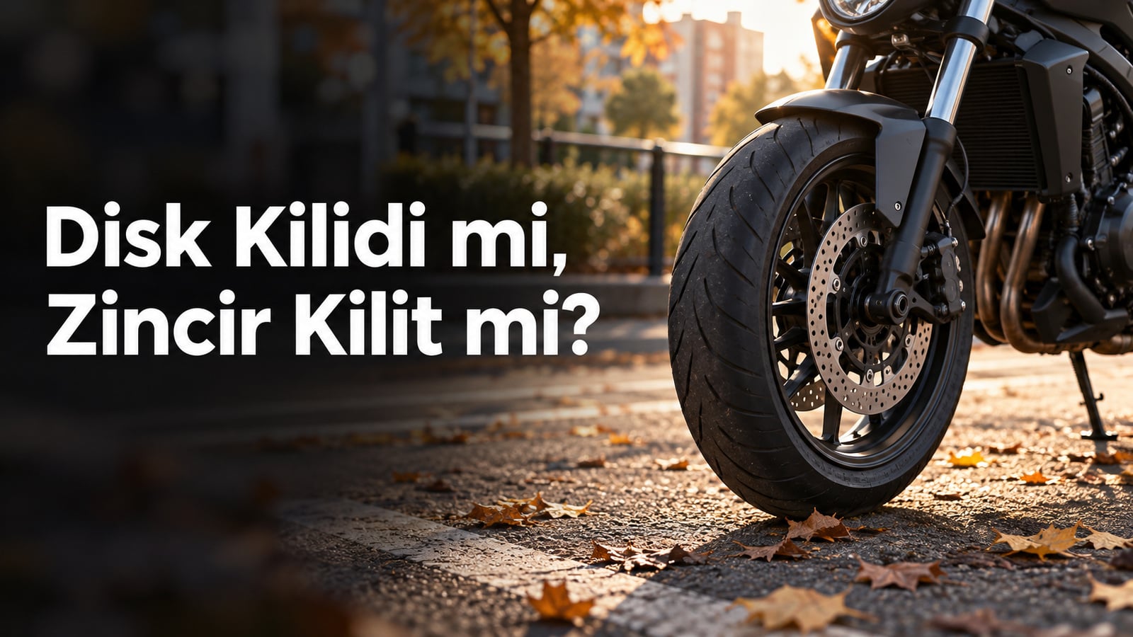 Sonbahar park alanında markasız motosikletin ön tekerleği; disk kilidi ve zincir kilit seçimi