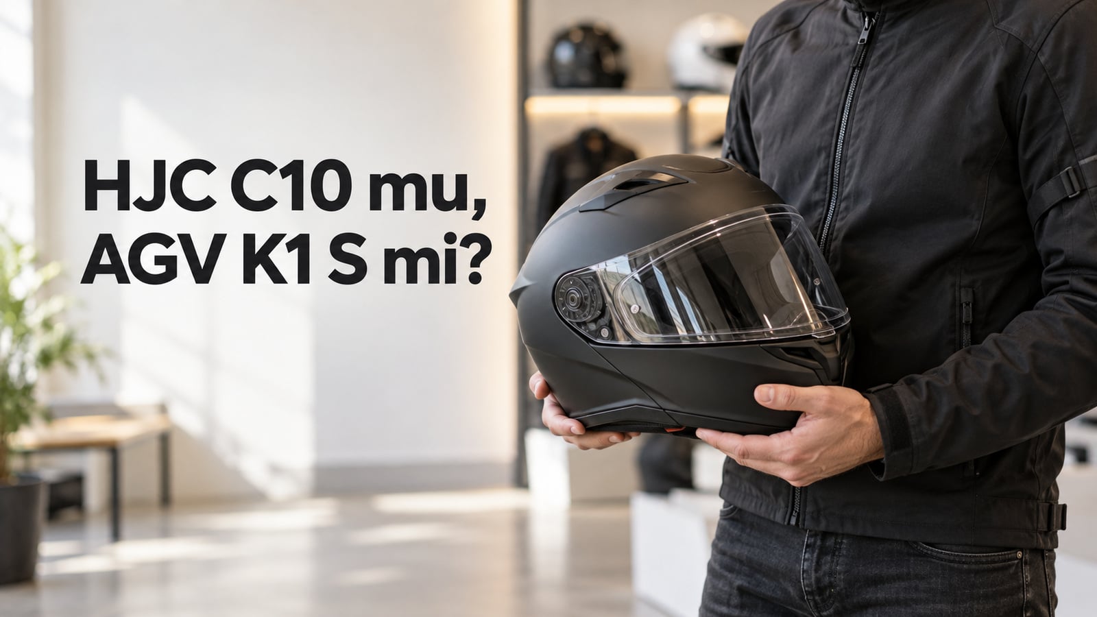 HJC C10 ve AGV K1 S karşılaştırması başlığıyla markasız kapalı kask tutan sürücü; temsili görsel