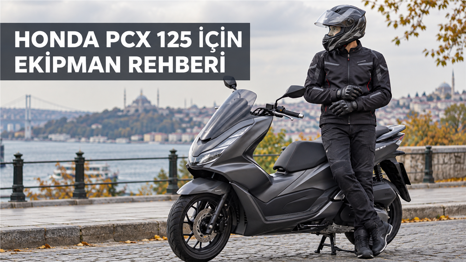 Şehir içinde scooter kullanan tam koruyucu ekipmanlı motosiklet sürücüsü