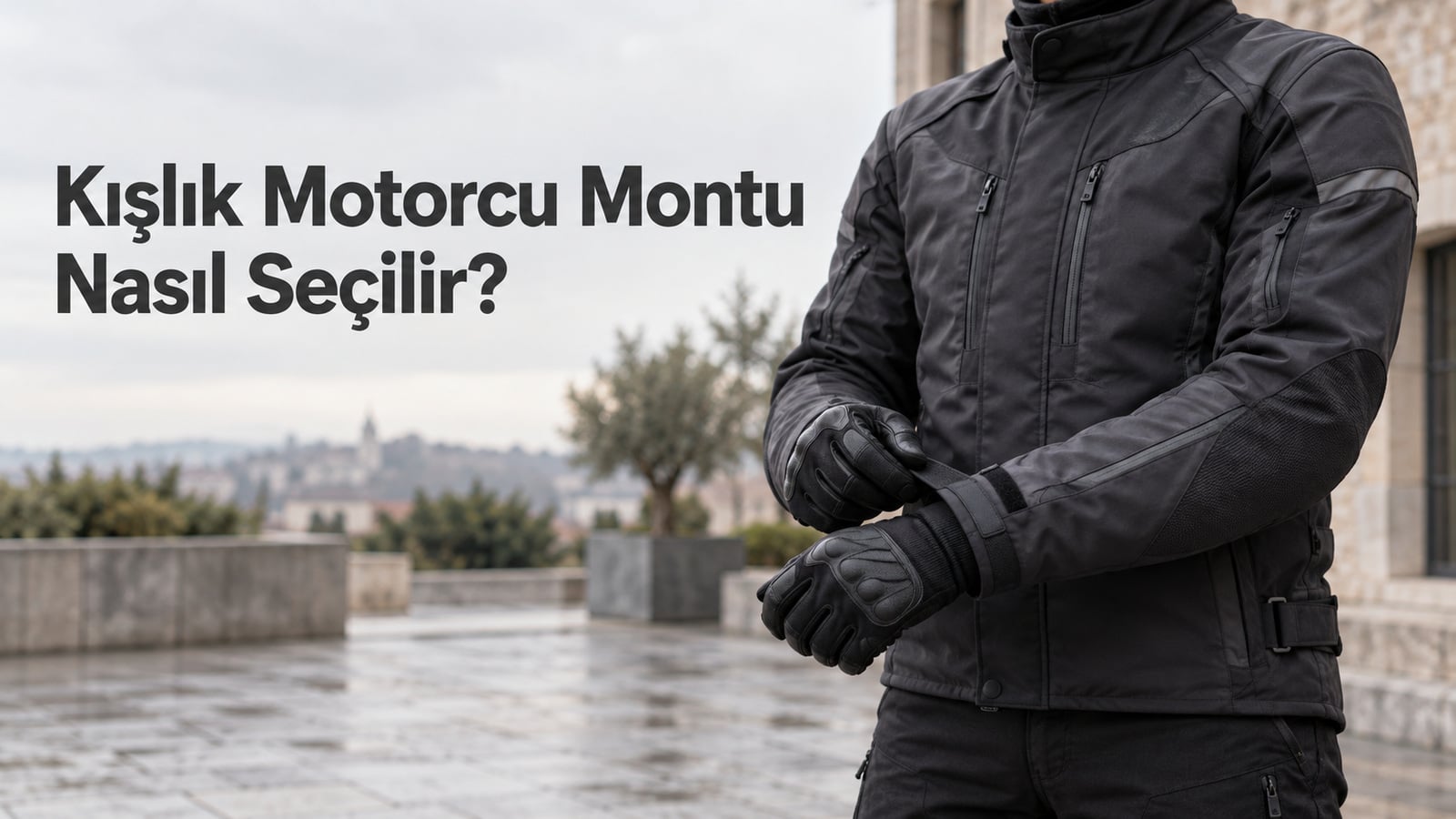Kışlık motorcu montu seçimi başlığı ve serin havada markasız montunun bileğini ayarlayan sürücü; temsili görsel