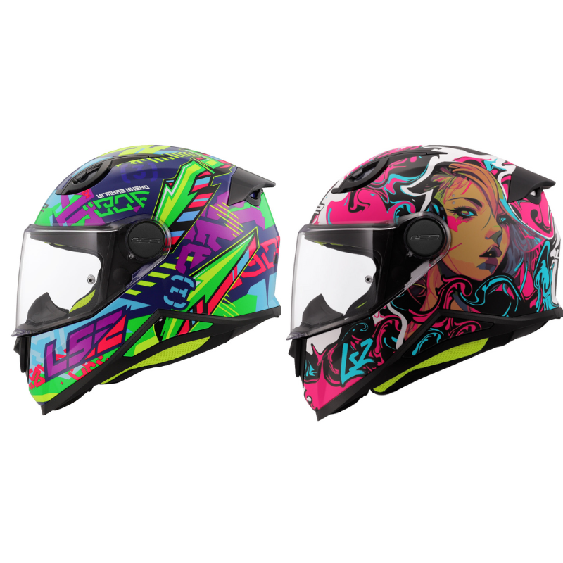 LS2 Kid Svent mavi-yeşil çocuk kask ile LS2 Kid Cyberg mat mor çocuk kask yan yana karşılaştırmalı görsel