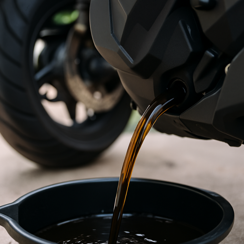 Motosiklet yağ değişimi yapılırken motor başında duran sürücü