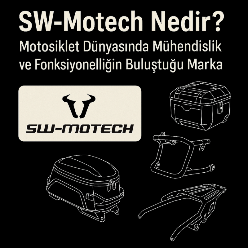 SW-Motech marka motosiklet ekipmanlarını tanıtan kapak görseli – yan çanta, bagaj taşıyıcı, depo halkası ve teknik çizimler