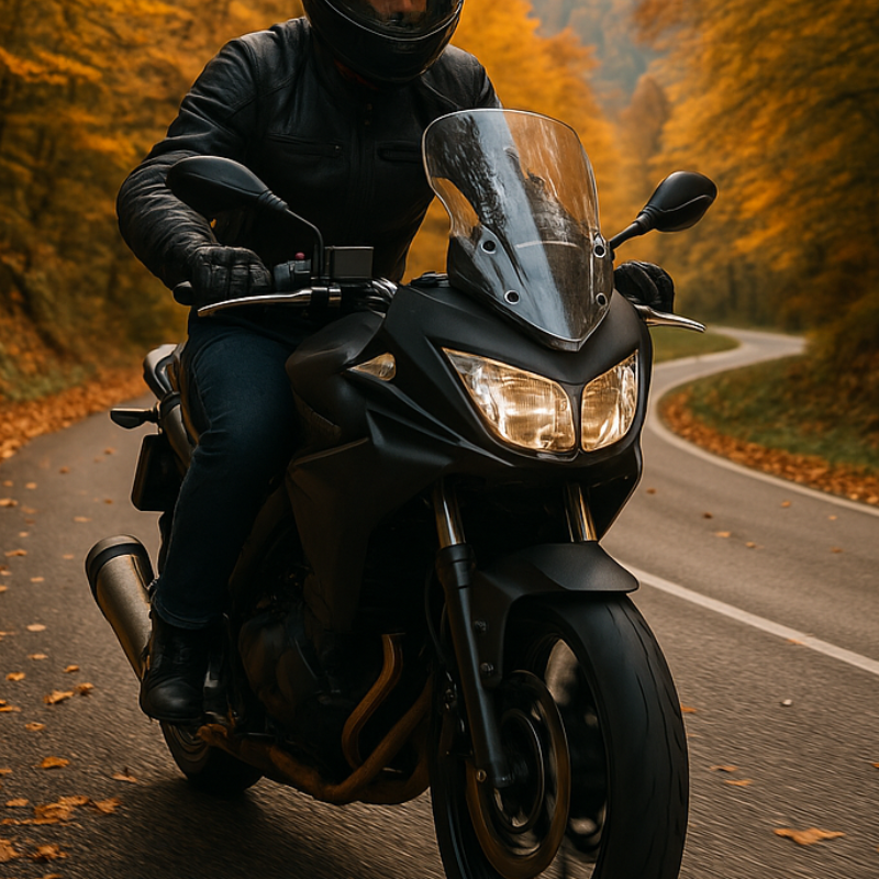 sonbaharda motosiklet turu yapan sürücü dağ yolu yaprak orman