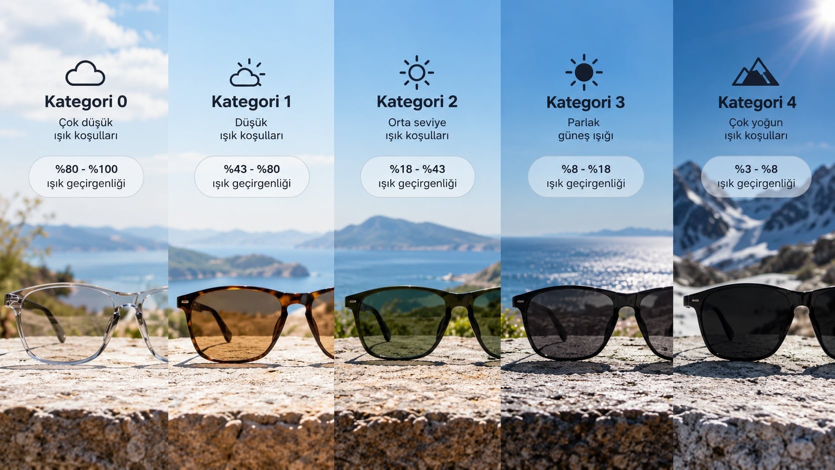 Güneş gözlüğü lens kategorileri ve ışık geçirgenliği