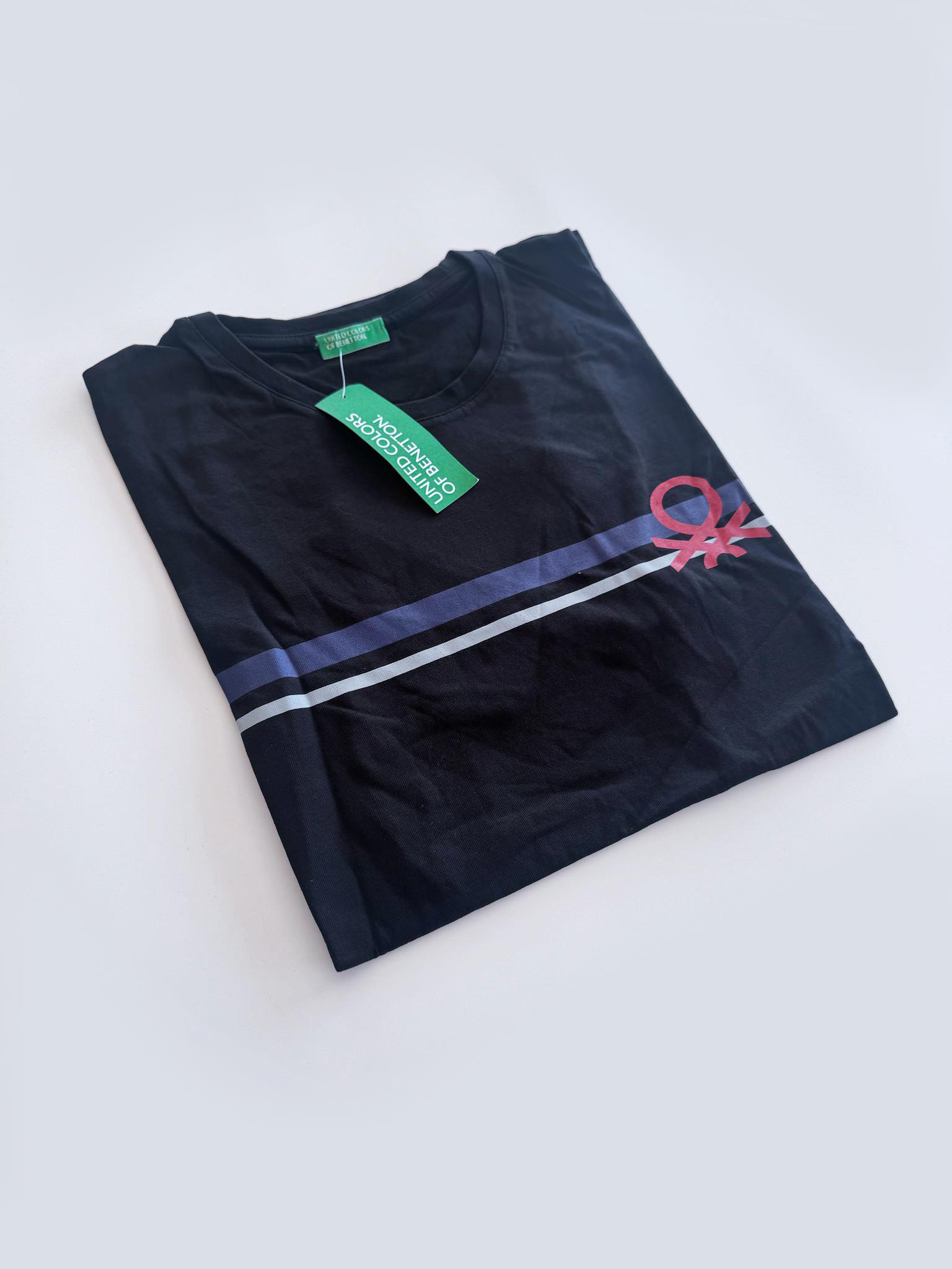 Benetton Siyah Erkek Logo Baskılı Erkek T-Shirt Bisiklet Yaka Basic