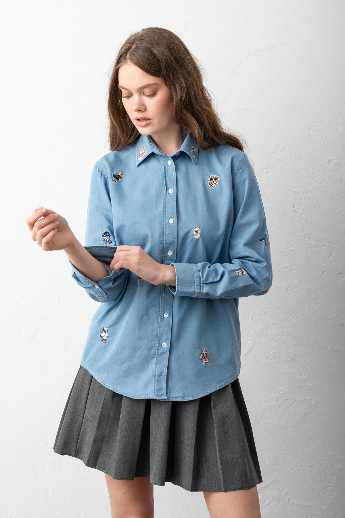 BYMN Nakışlı Kot Gömlek