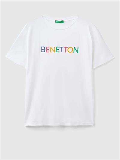 Benetton Beyaz Erkek Baskılı Erkek T-Shirt Bisiklet Yaka Basic