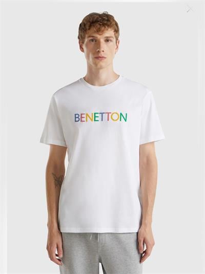 Benetton Beyaz Erkek Baskılı Erkek T-Shirt Bisiklet Yaka Basic