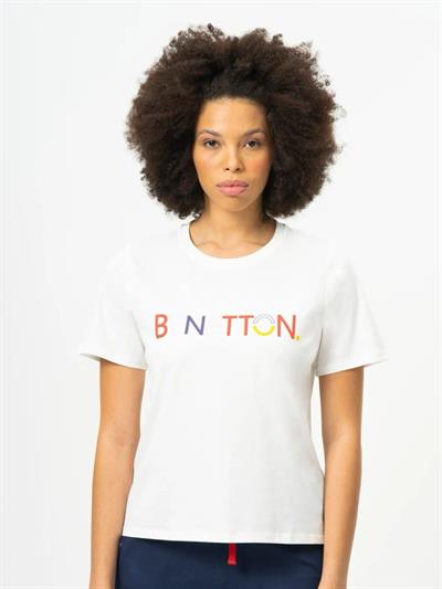 Benetton Ekru Baskılı Kadın Kısakol T-Shirt