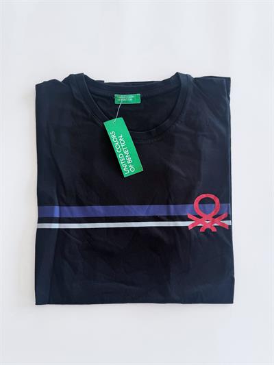 Benetton Siyah Erkek Logo Baskılı Erkek T-Shirt Bisiklet Yaka Basic