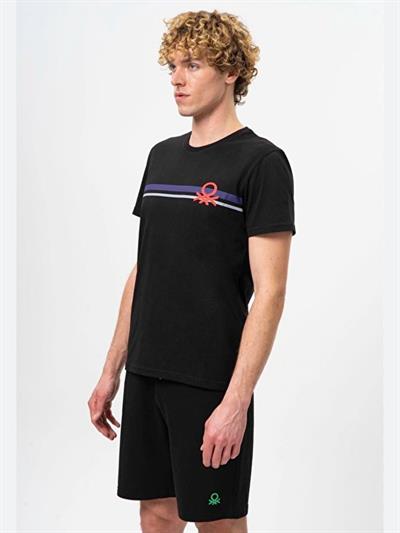 Benetton Siyah Erkek Logo Baskılı Erkek T-Shirt Bisiklet Yaka Basic