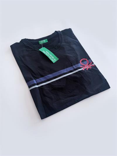 Benetton Siyah Erkek Logo Baskılı Erkek T-Shirt Bisiklet Yaka Basic