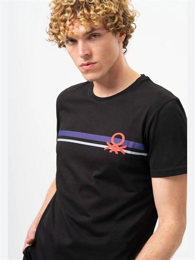 Benetton Siyah Erkek Logo Baskılı Erkek T-Shirt Bisiklet Yaka Basic