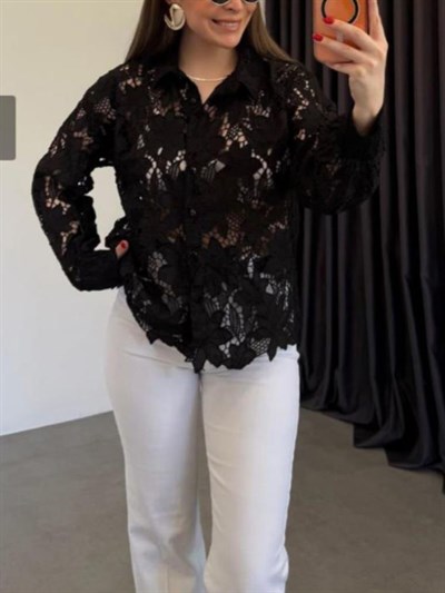 İPKYL Siyah Güpürlü Gömlek