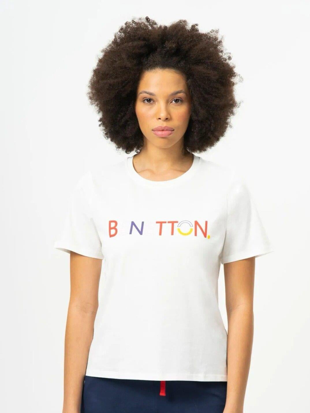 Benetton Ekru Baskılı Kadın Kısakol T-Shirt