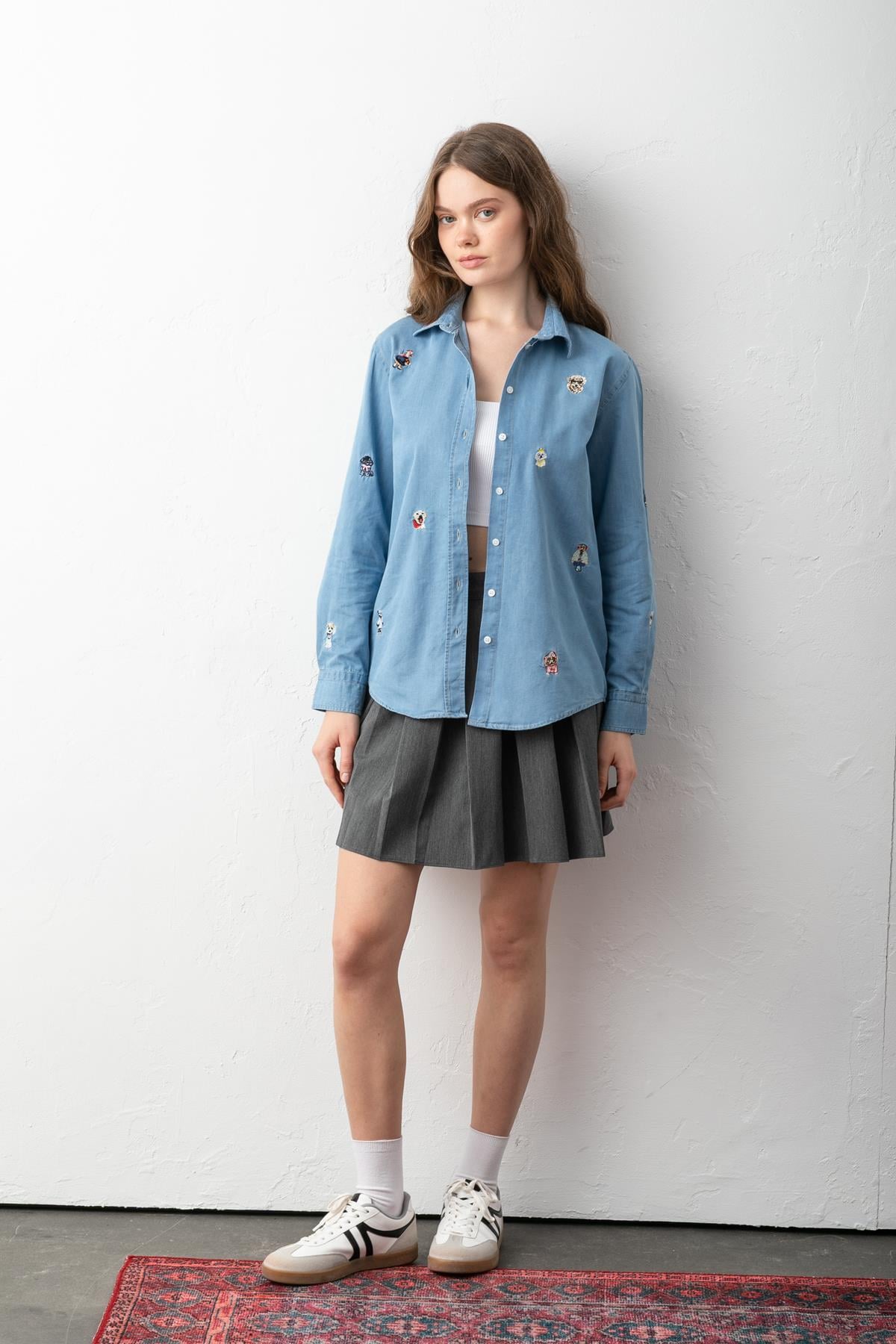 BYMN Nakışlı Kot Gömlek