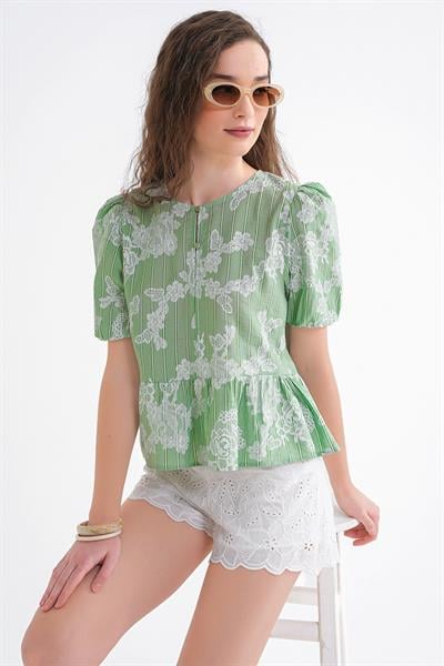 4701 Kadın Çiçek Baskılı Peplum Bluz Çağla