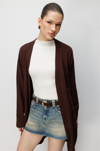 7026 Kadın Basic Cepli Triko Hırka Kahve