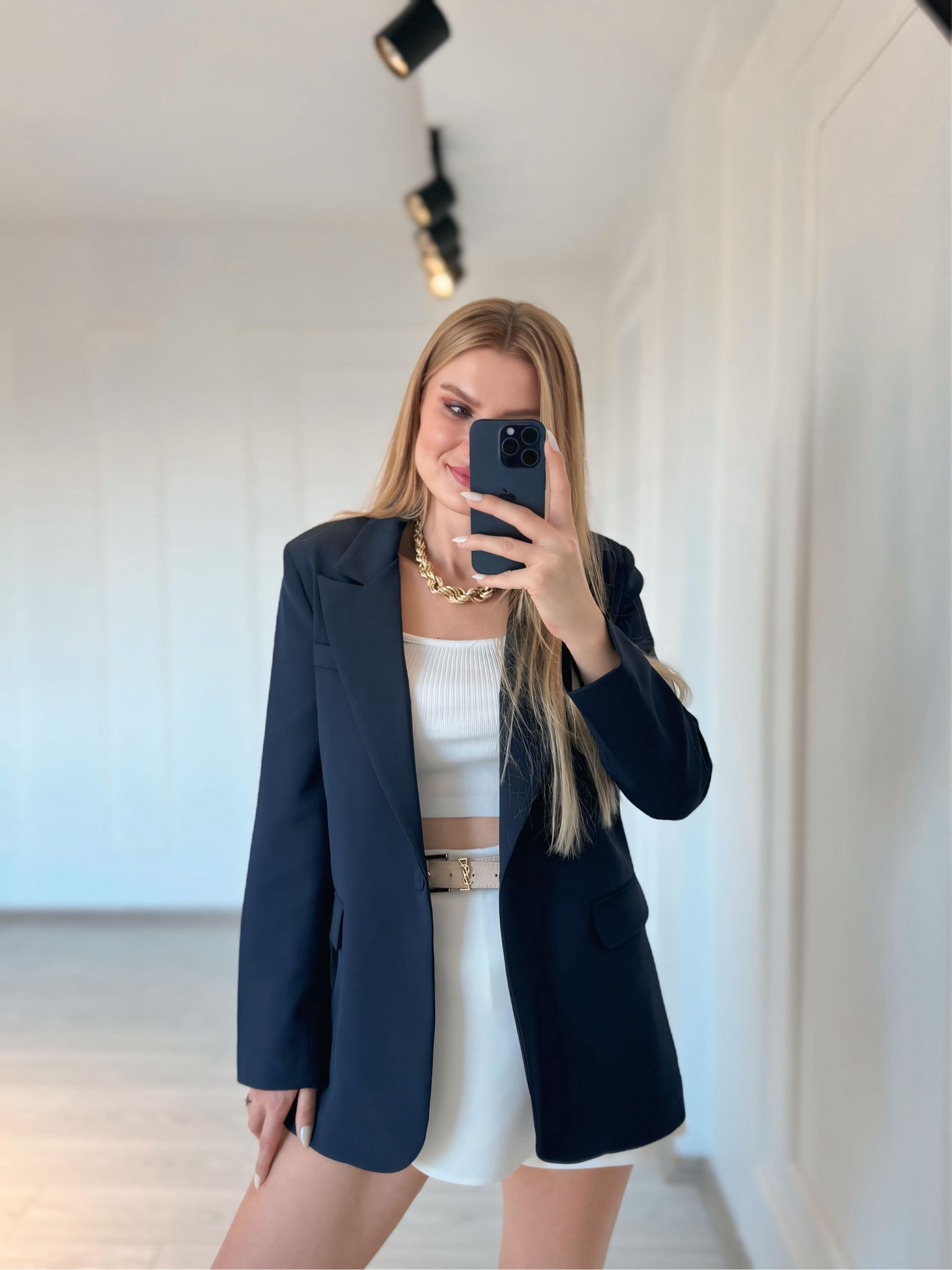 AuraA9002Tedarikçi1Oversize Blazer Ceket - Lacivert<span style=