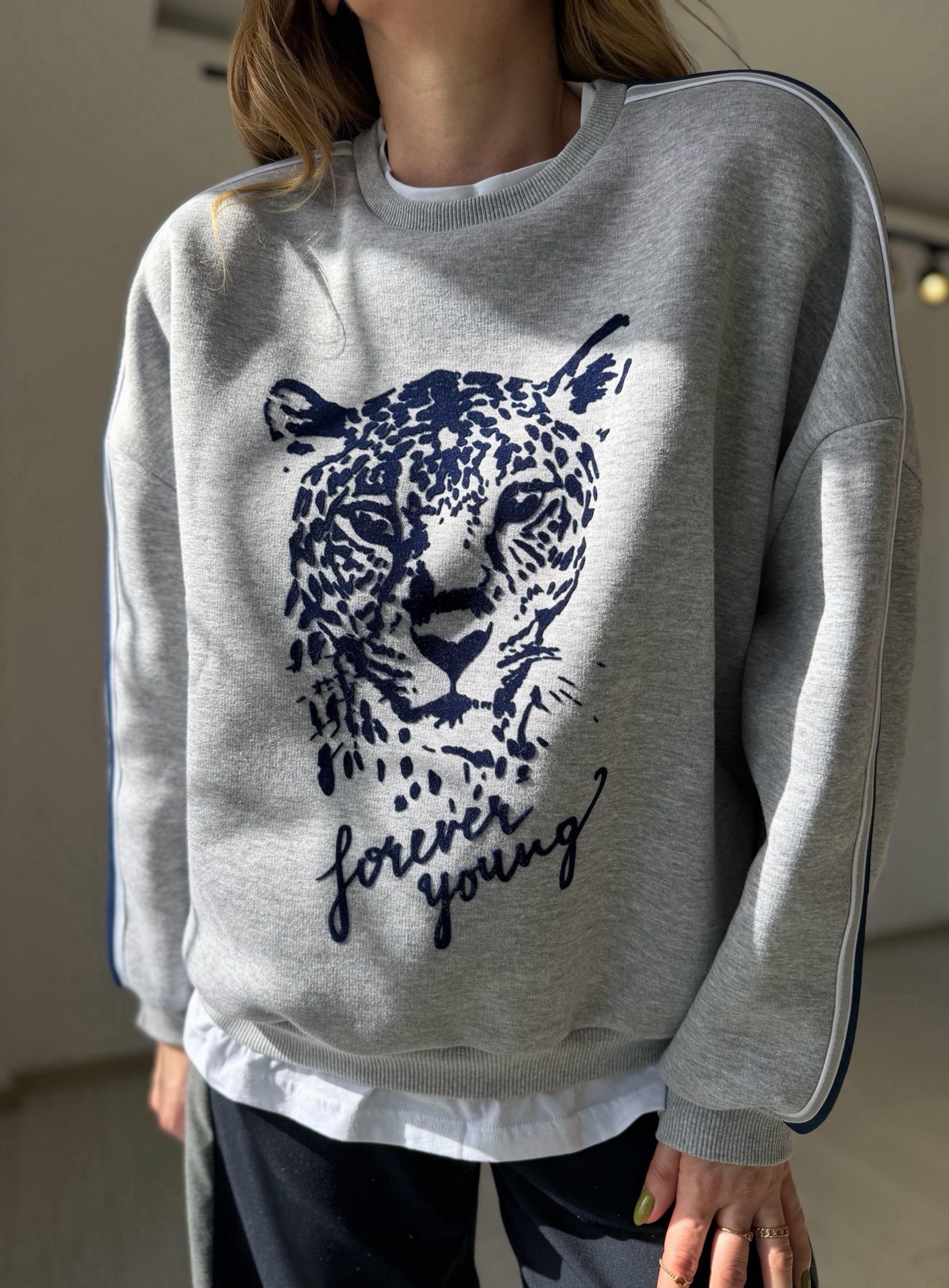 SweatshirtGri Kaplan Baskılı İçi Tshirt Görünümlü Sweatshirt