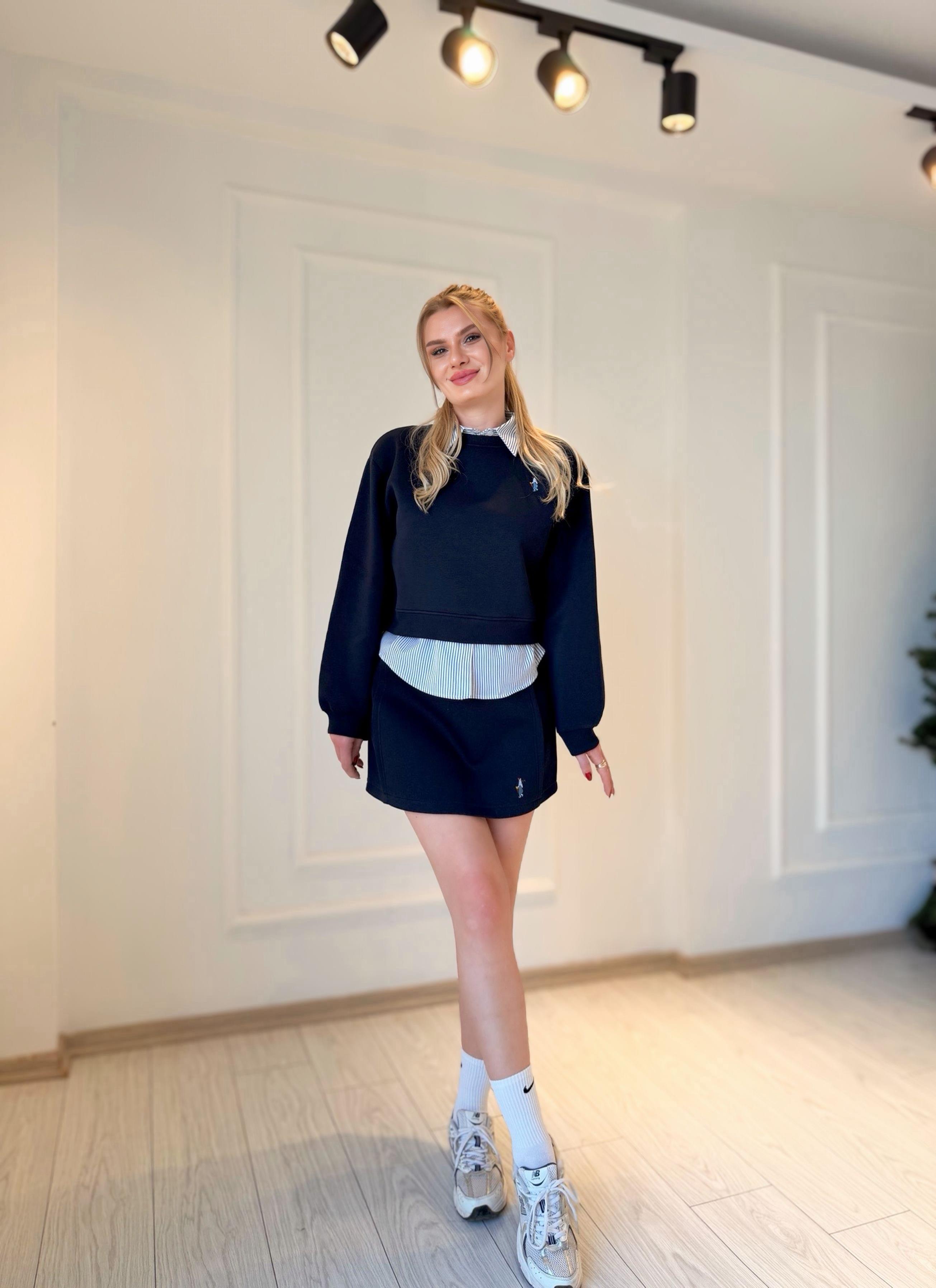 TAKIMHolla Bel Detaylı Gömlek Yaka Sweatshirt Etek Takım – Lacivert
