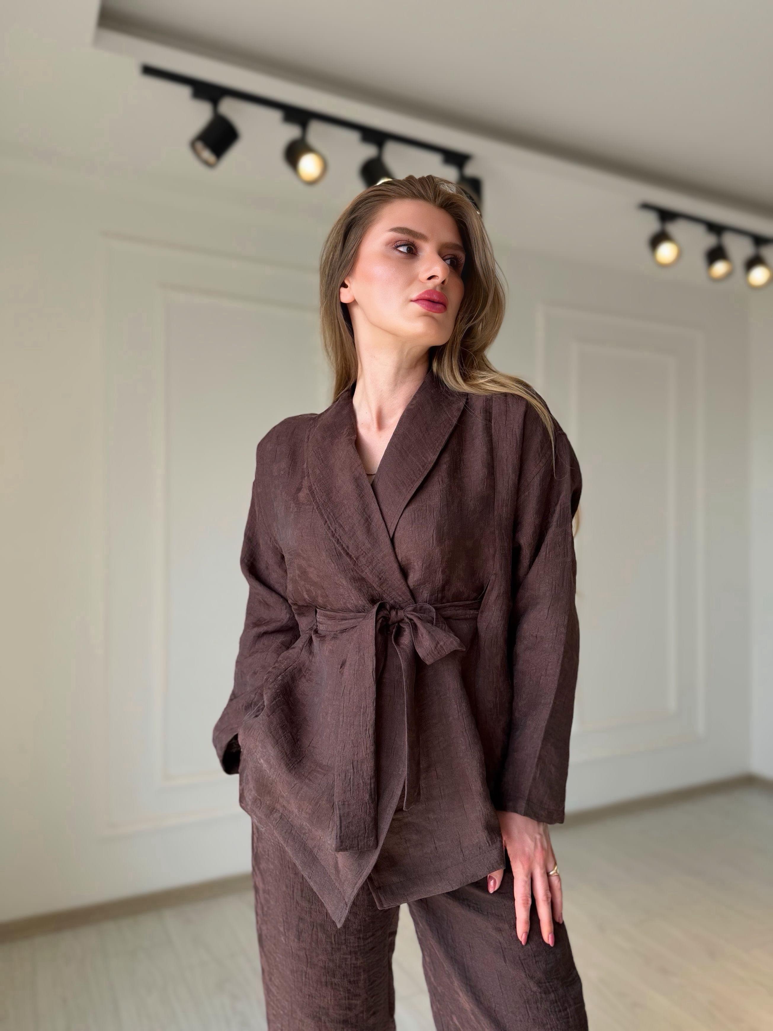 TAKIMÖzel Kumaş Kuşaklı Kimono Takım – Kahve