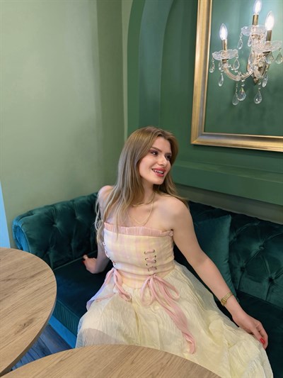 BüstiyerVintage Muse Pembe Ekose Tasarım Korse Büstiyer
