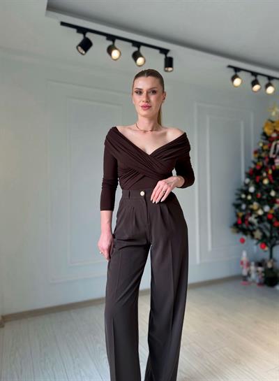 PantolonGold Düğme Detaylı Palazzo Pantolon - Acı Kahve