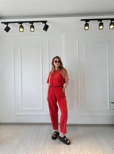 TAKIMMarka Model Kar Yıkamalı Pantolon Tshirt Takım - Nar Çiçeği