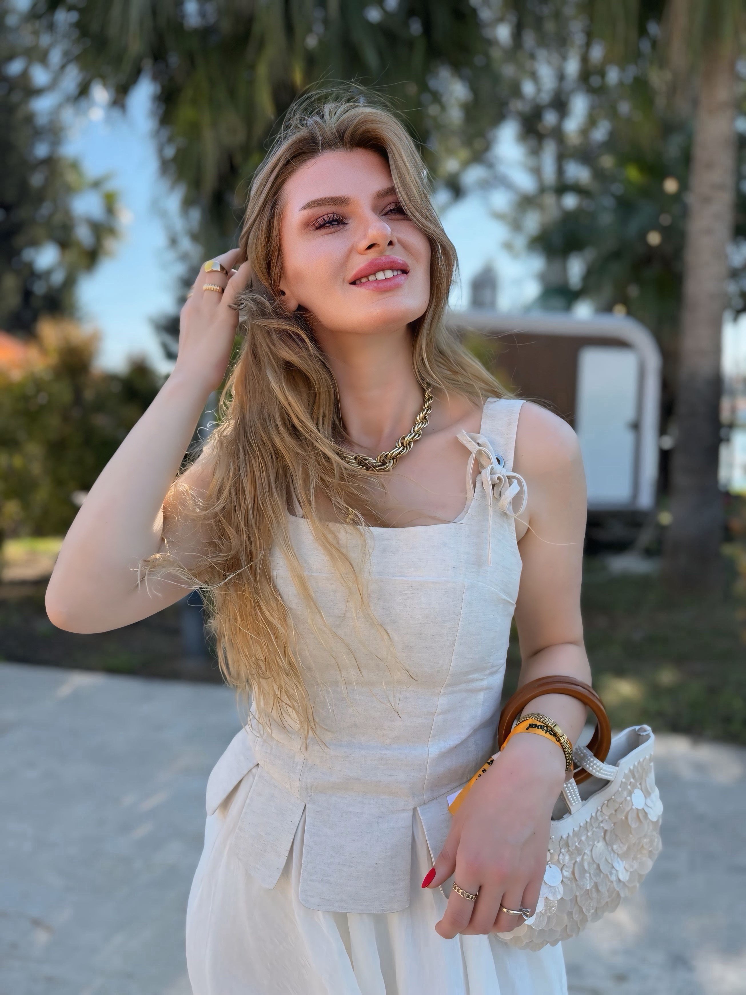 BluzBej İp Detaylı Keten Korse Bluz
