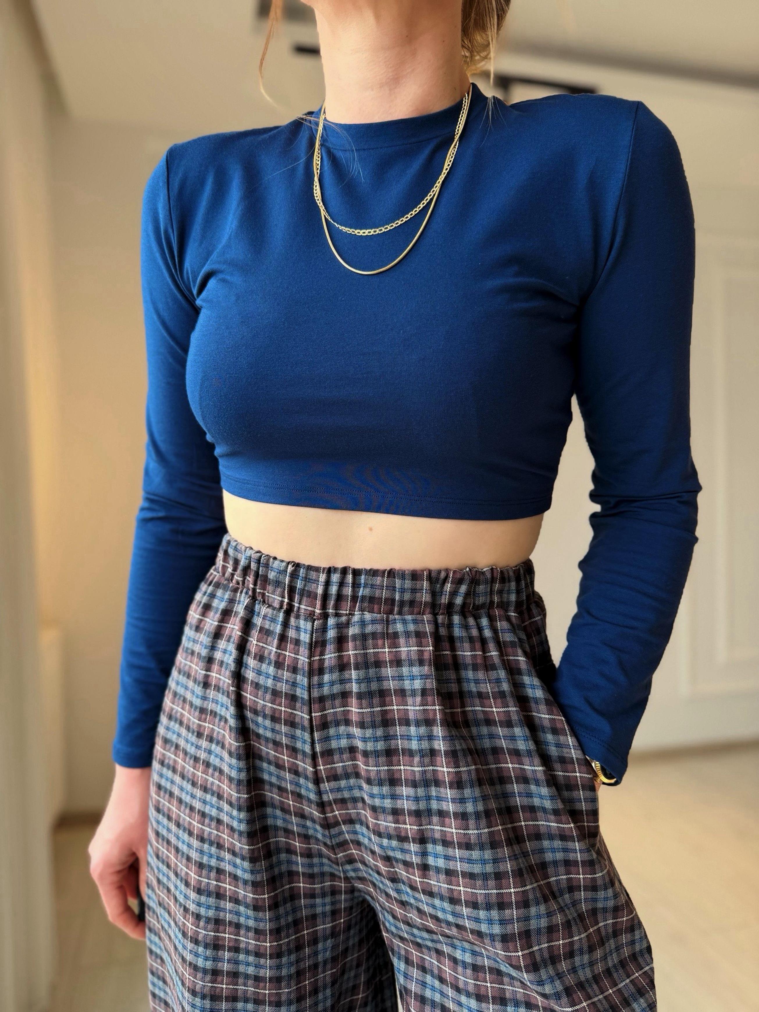 CropBisiklet Yaka Uzun Kol Basic Crop Bluz - Lacivert