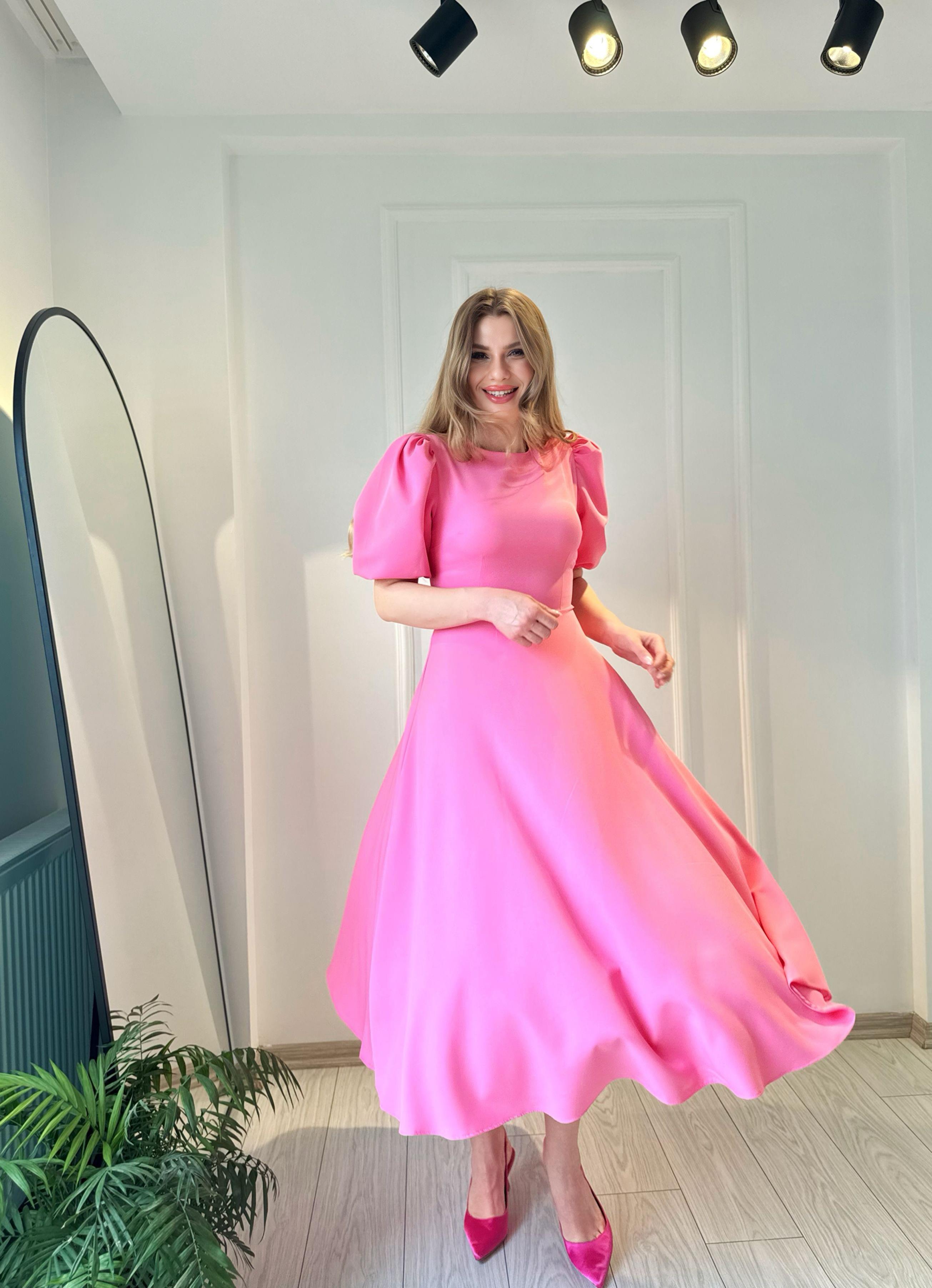 ELBİSEBisiklet Yaka Balon Kol Midi Boy Elbise - Pembe