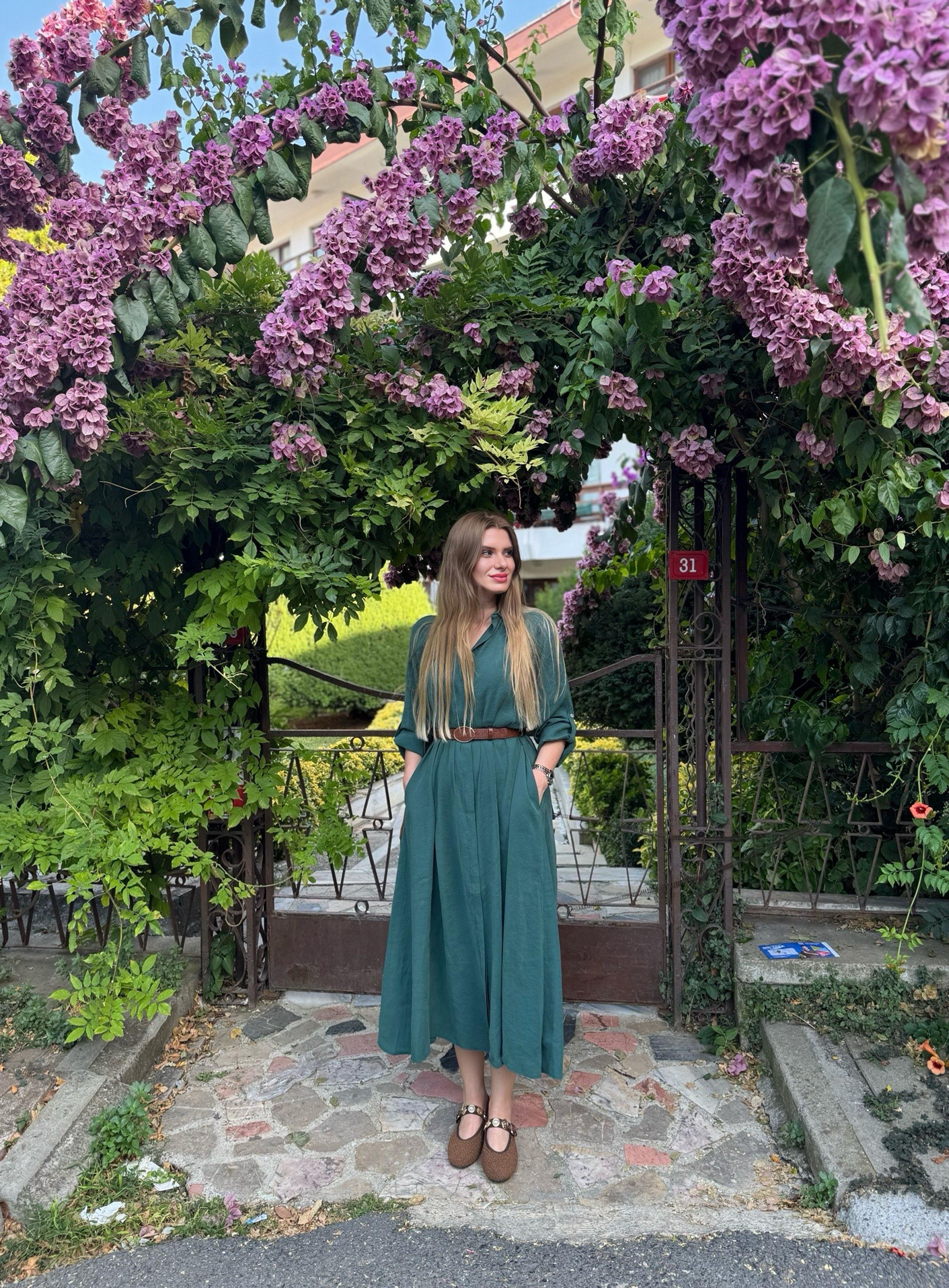 ELBİSEKemer Detaylı Modal Gömlek Elbise - Zümrüt