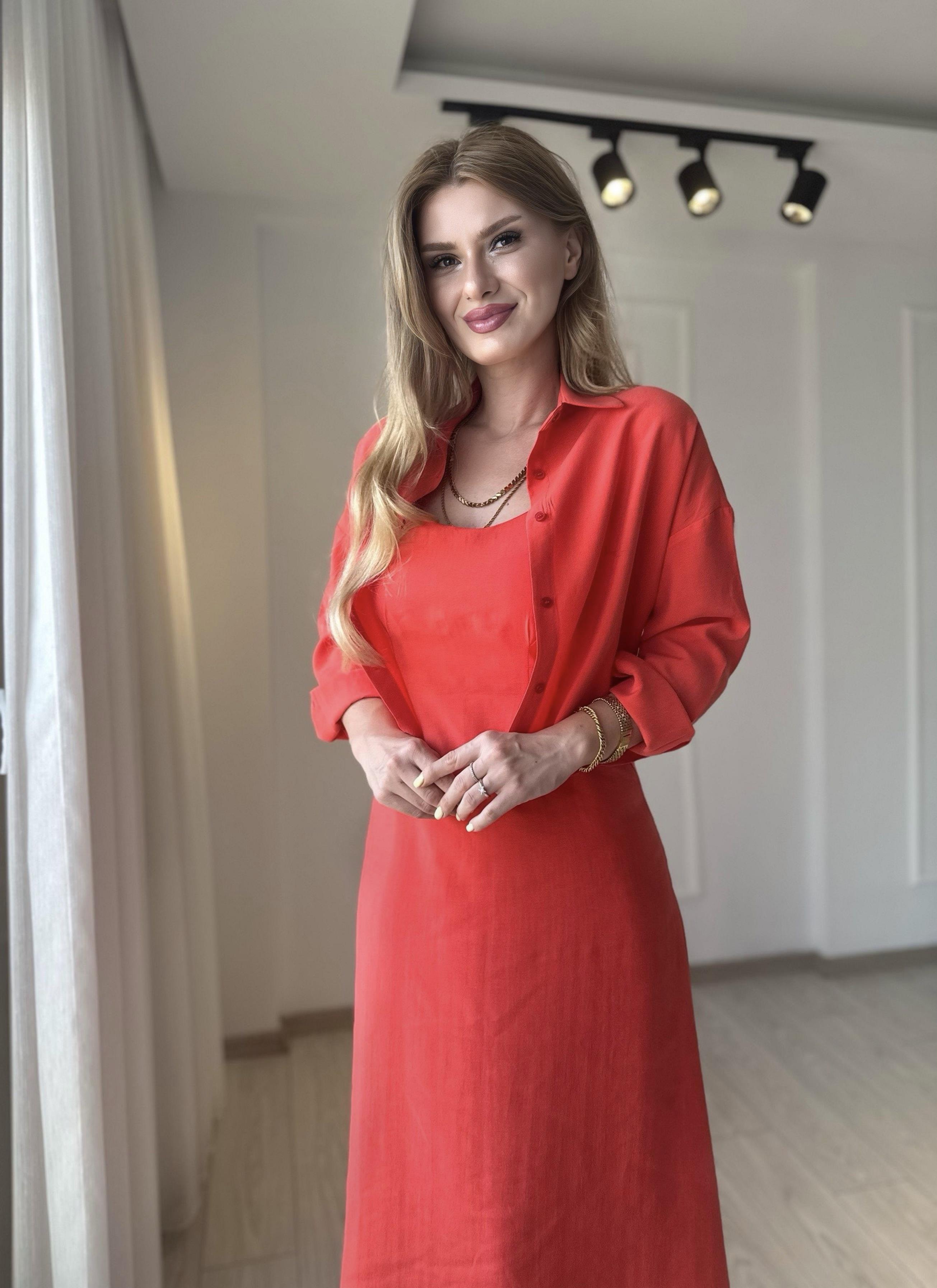 ELBİSEPremium Gömlek Elbise İkili Takım - Nar Çiçeği