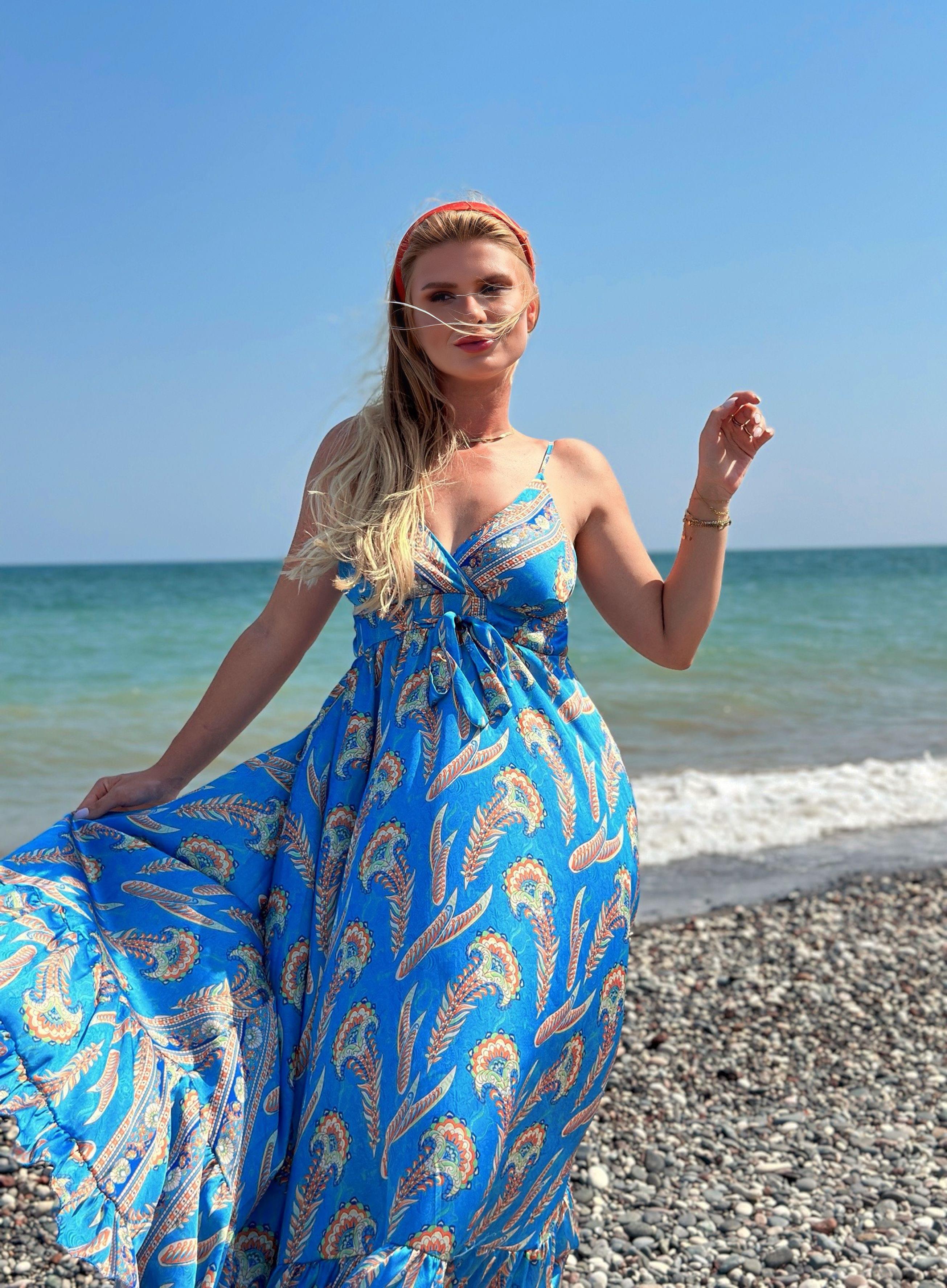 Etnik Desen Saten Elbise - MaviELBİSEELBİSEEtnik Desen Saten Elbise - Mavi
