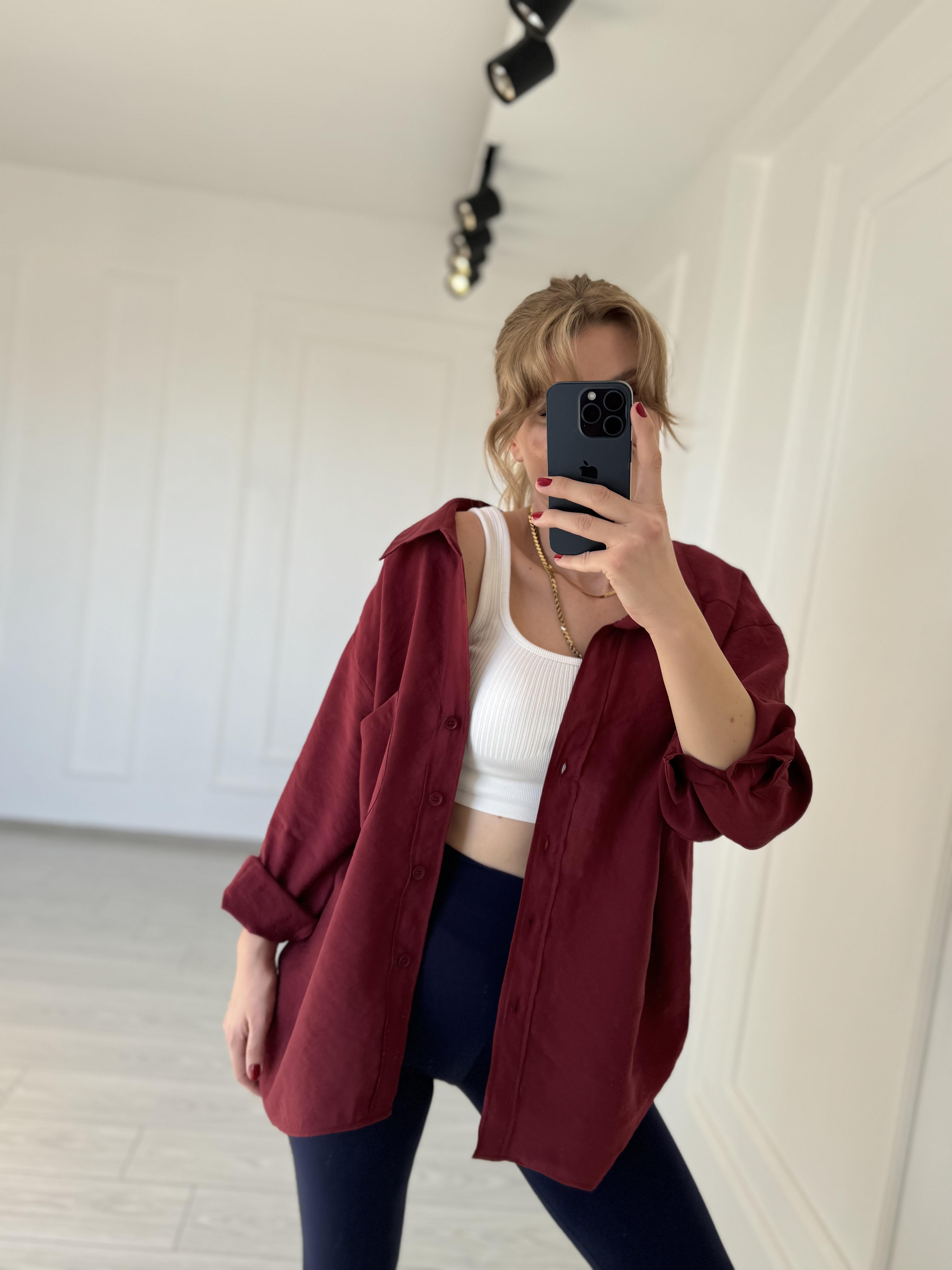 GömlekTensel Kumaş Oversize Gömlek - Bordo