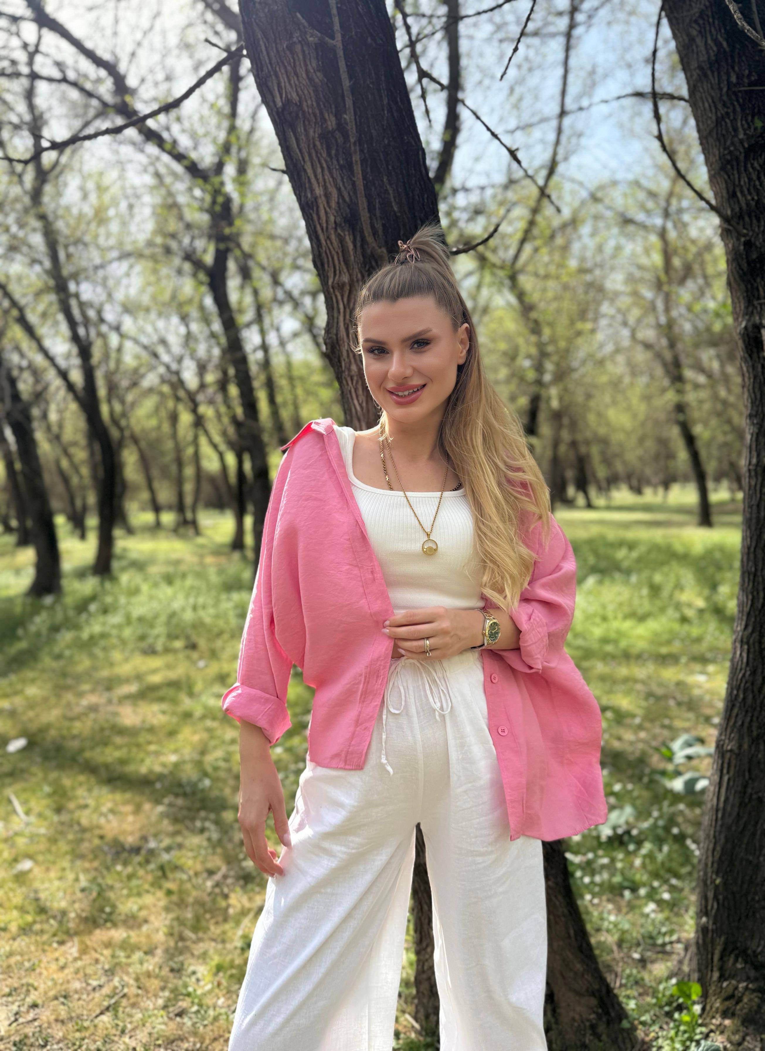 GömlekViral Tensel Salaş Gömlek - Barbie Pembe