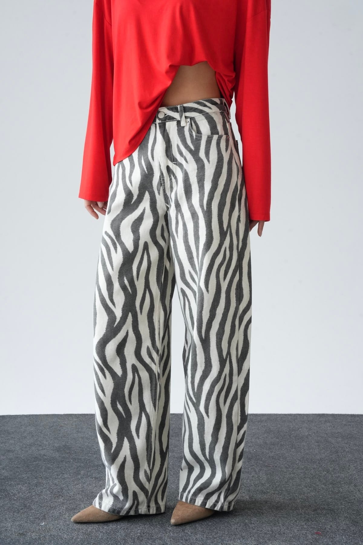 Jean  Zebra Desenli Yüksek Bel Barrel Jean Pantolon