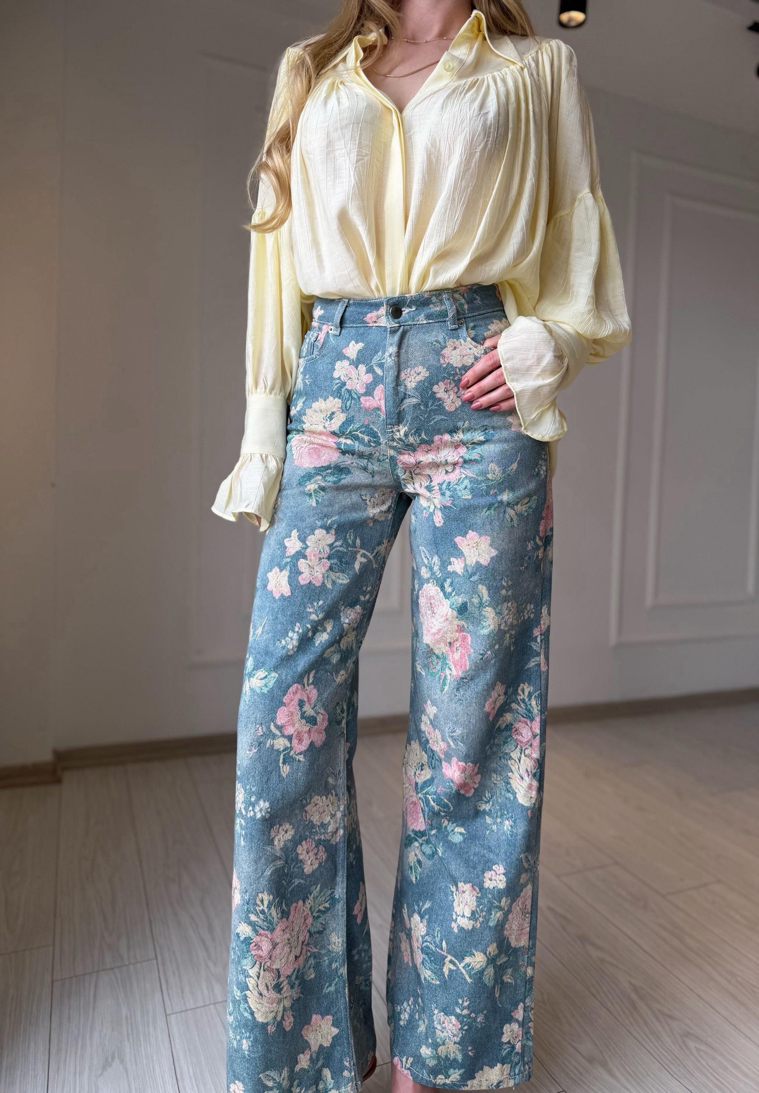 PantolonFloral Desen Mavi Yüksek Bel Pantolon
