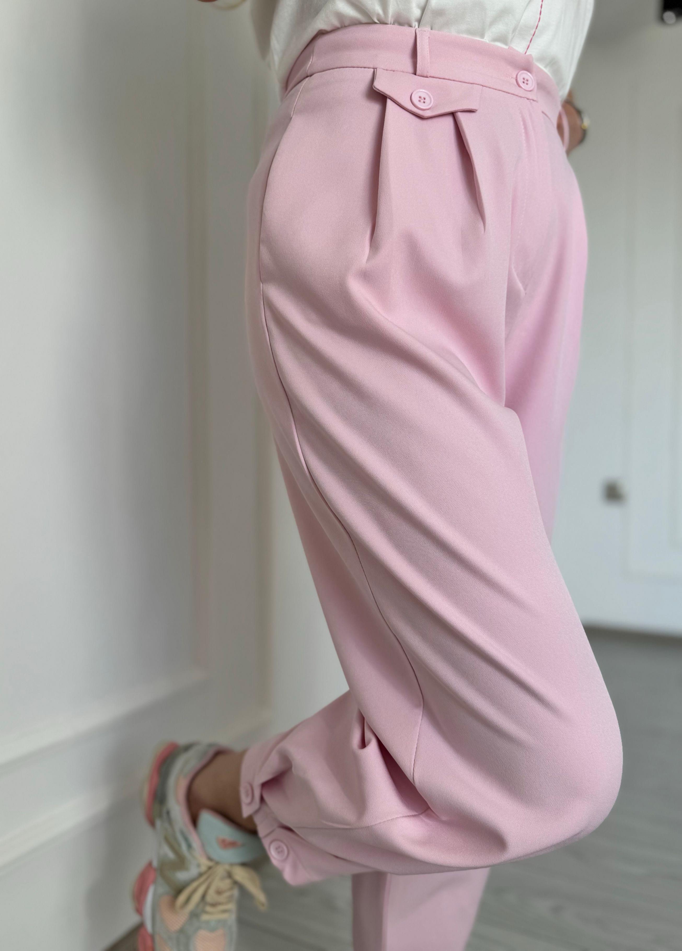 PantolonPaçası Düğme Detaylı Yüksek Bel Pantolon - Pembe