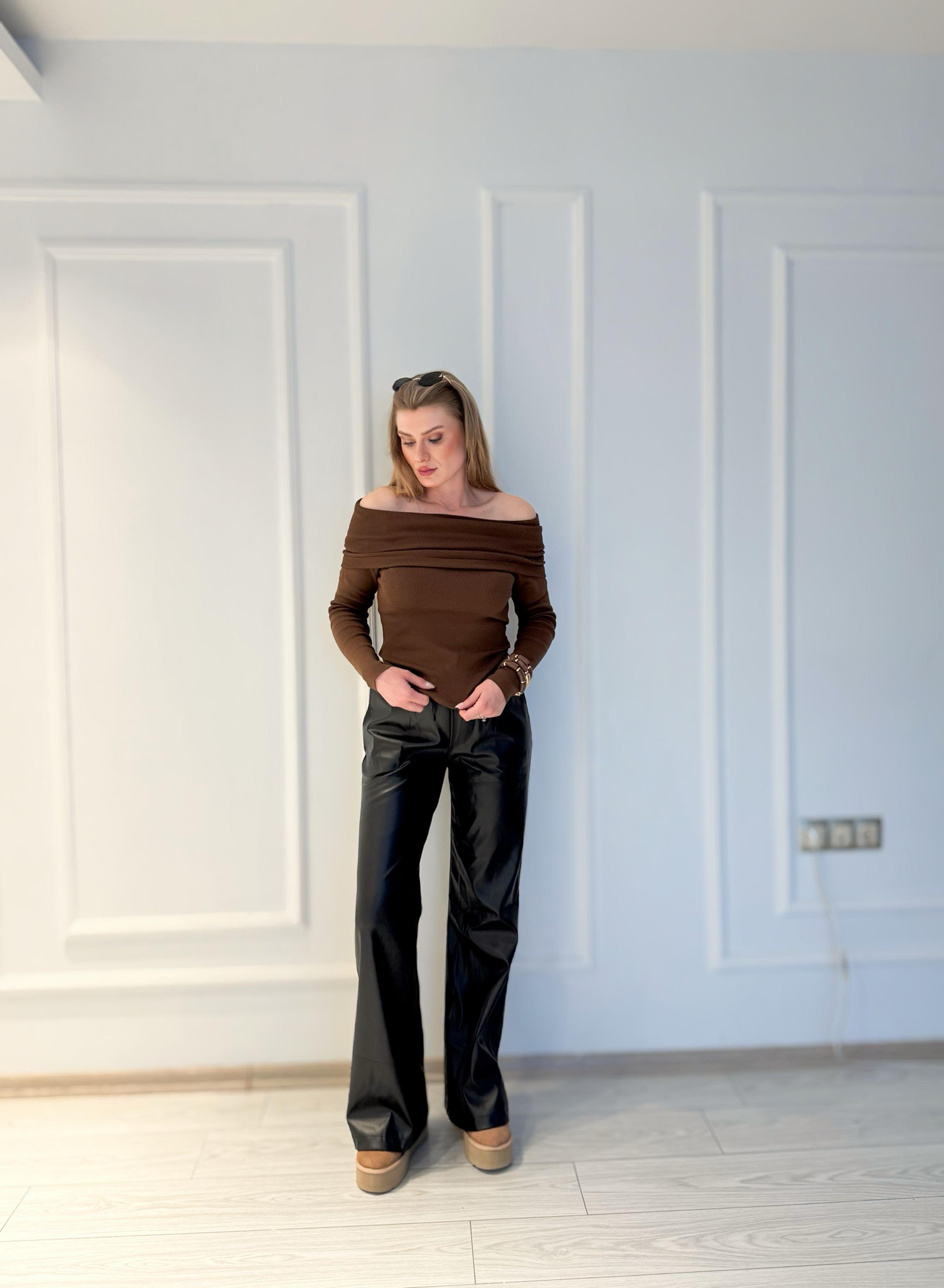 PantolonPremium Kalite Yumuşak Deri Palazzo Siyah