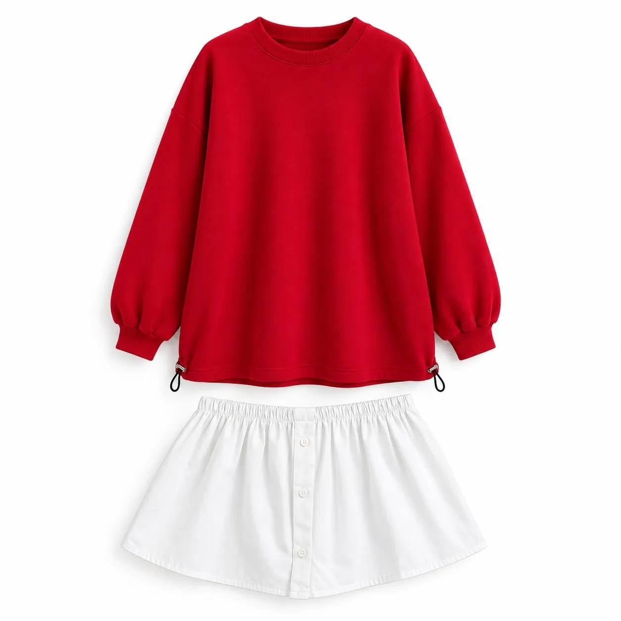 SweatshirtKırmızı Çıkarılabilir Gömlek Detaylı Bisiklet Yaka Sweatshirt