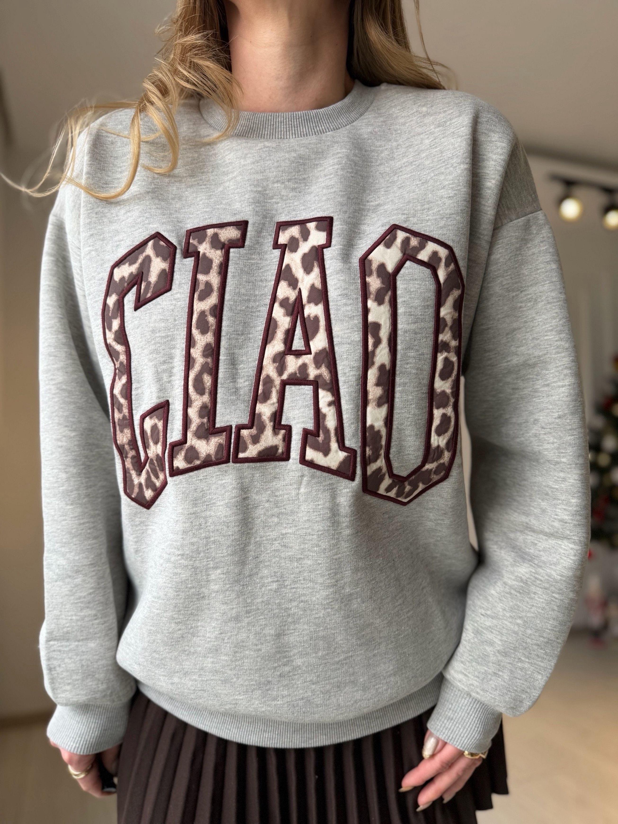 SweatshirtLeopar Desen Yazı Baskılı Oversize Sweatshirt - Gri