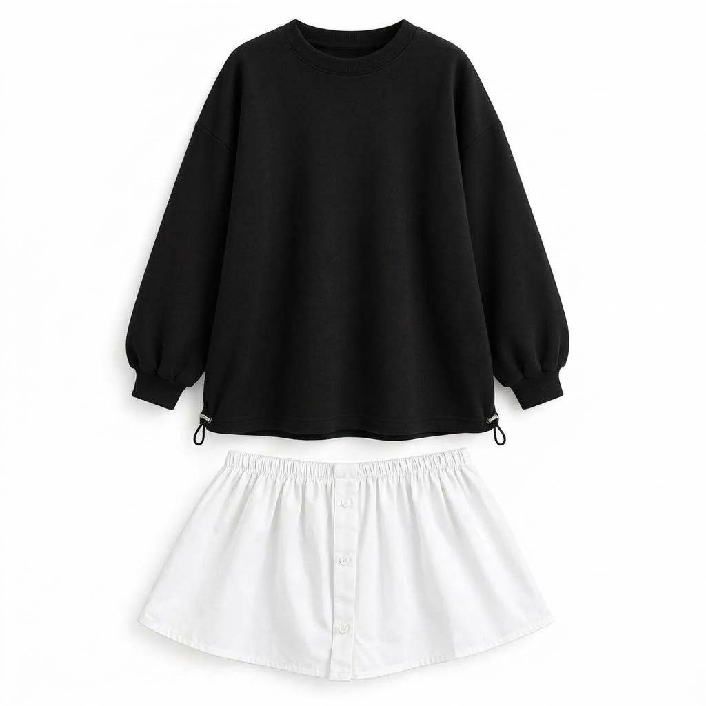 SweatshirtSiyah Çıkarılabilir Gömlek Detaylı Bisiklet Yaka Sweatshirt