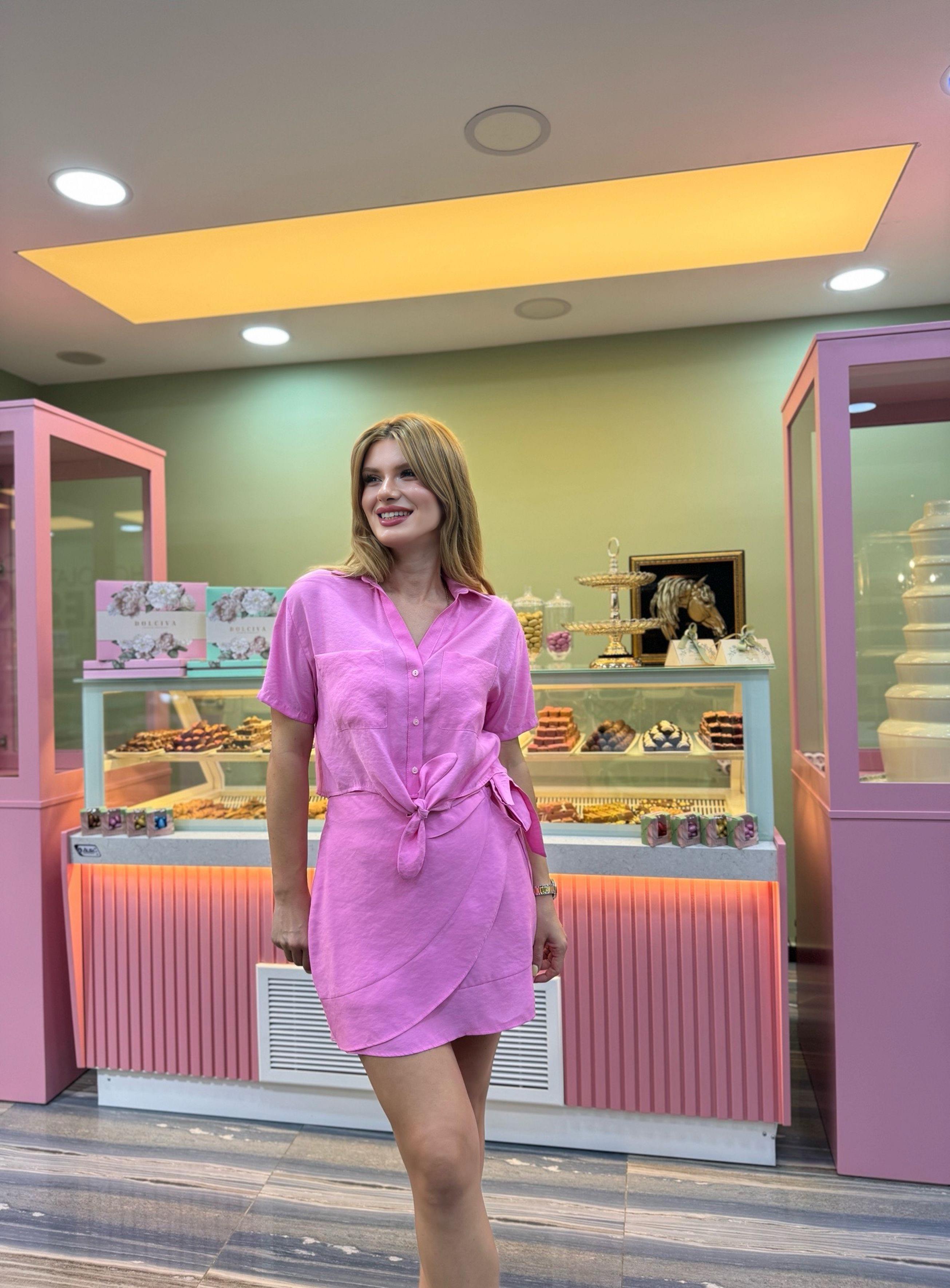 TAKIMBağlama Detaylı Gömlek Etek Modal Takım - Pembe