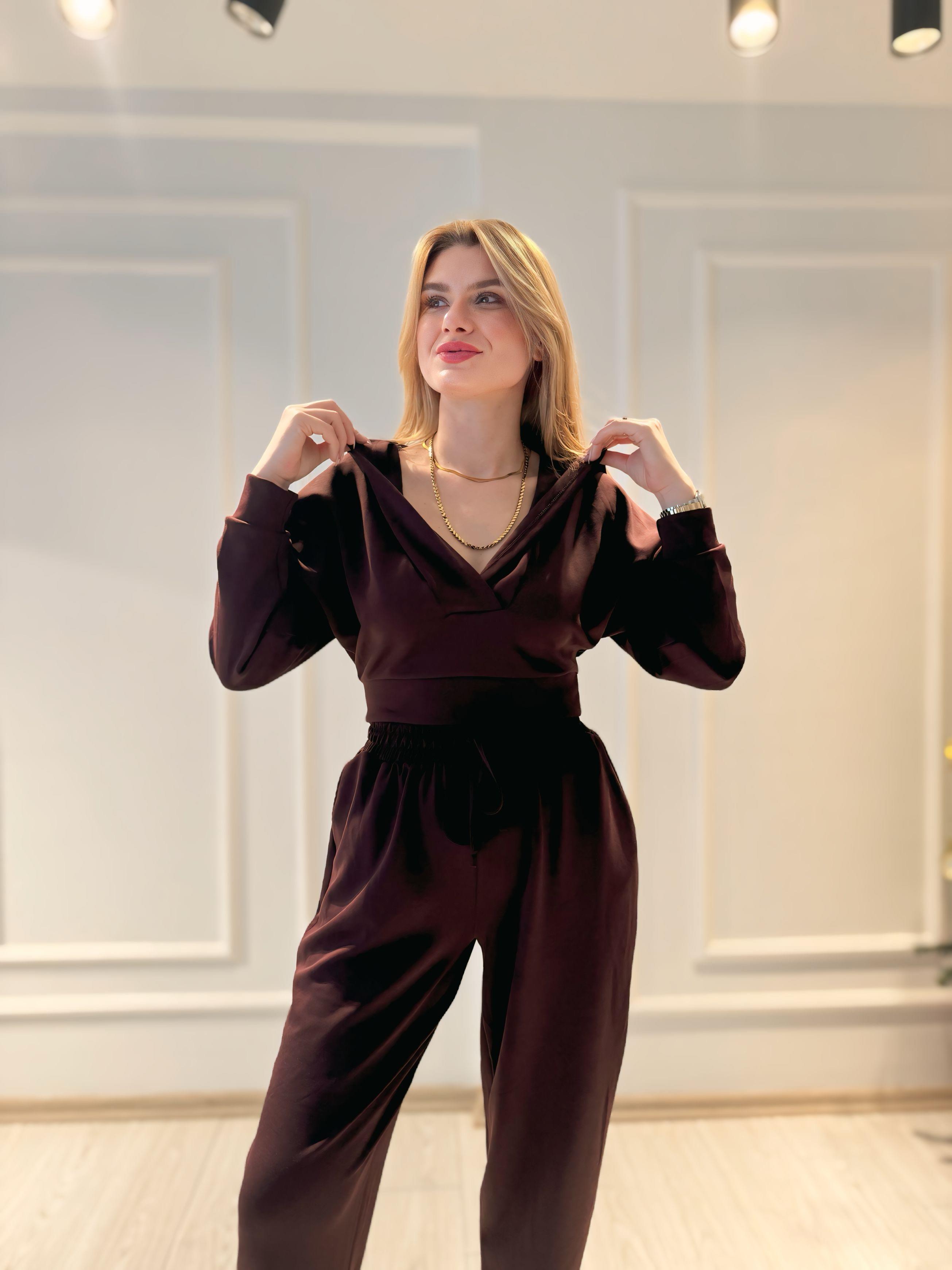 TAKIMİthal Oysh Kumaş Pantolon Kapüşonlu Sweat Takım - Vişne