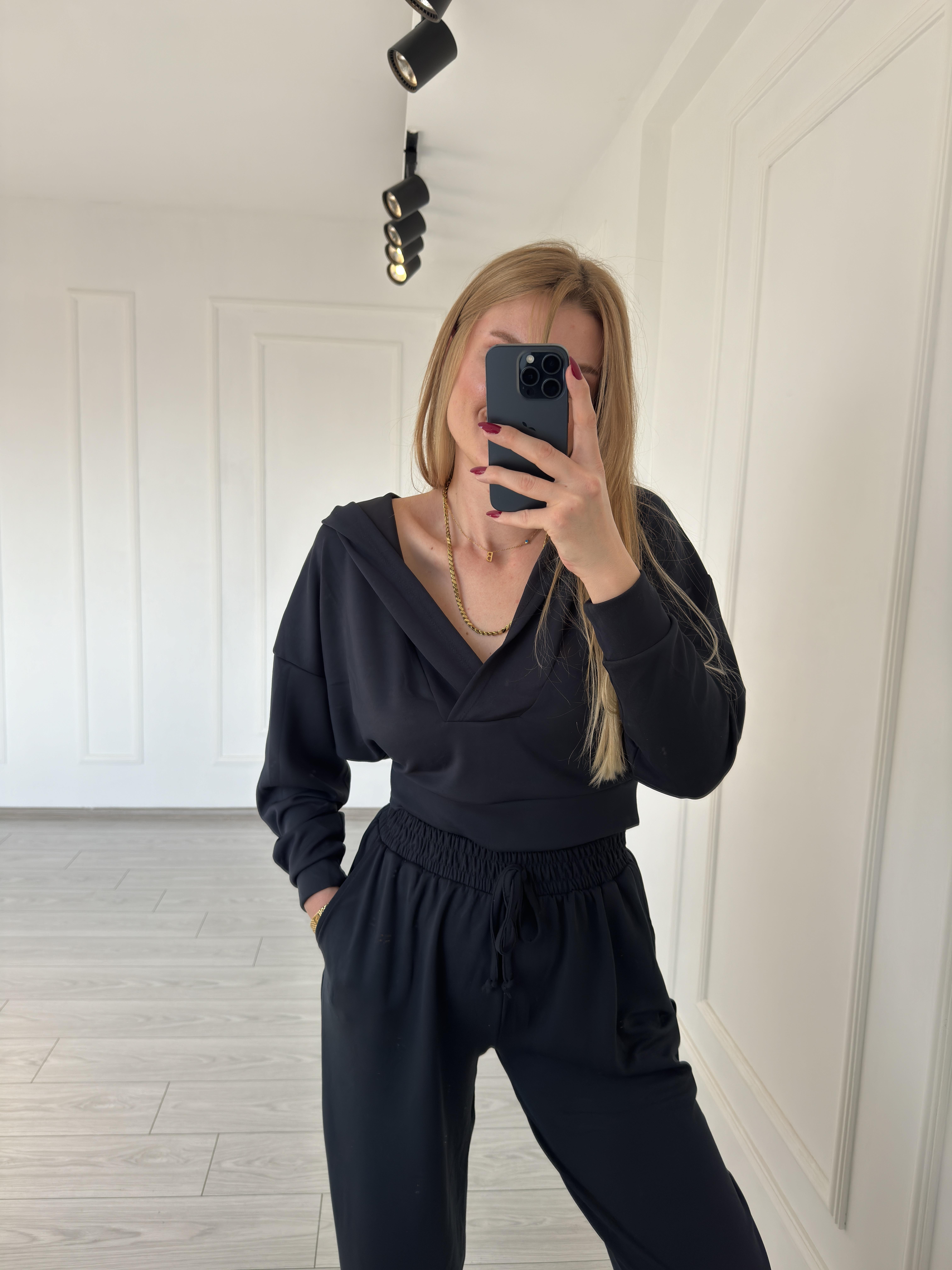 TAKIMİthal Oysh Kumaş Pantolon Kapüşonlu Sweat Takım - Füme