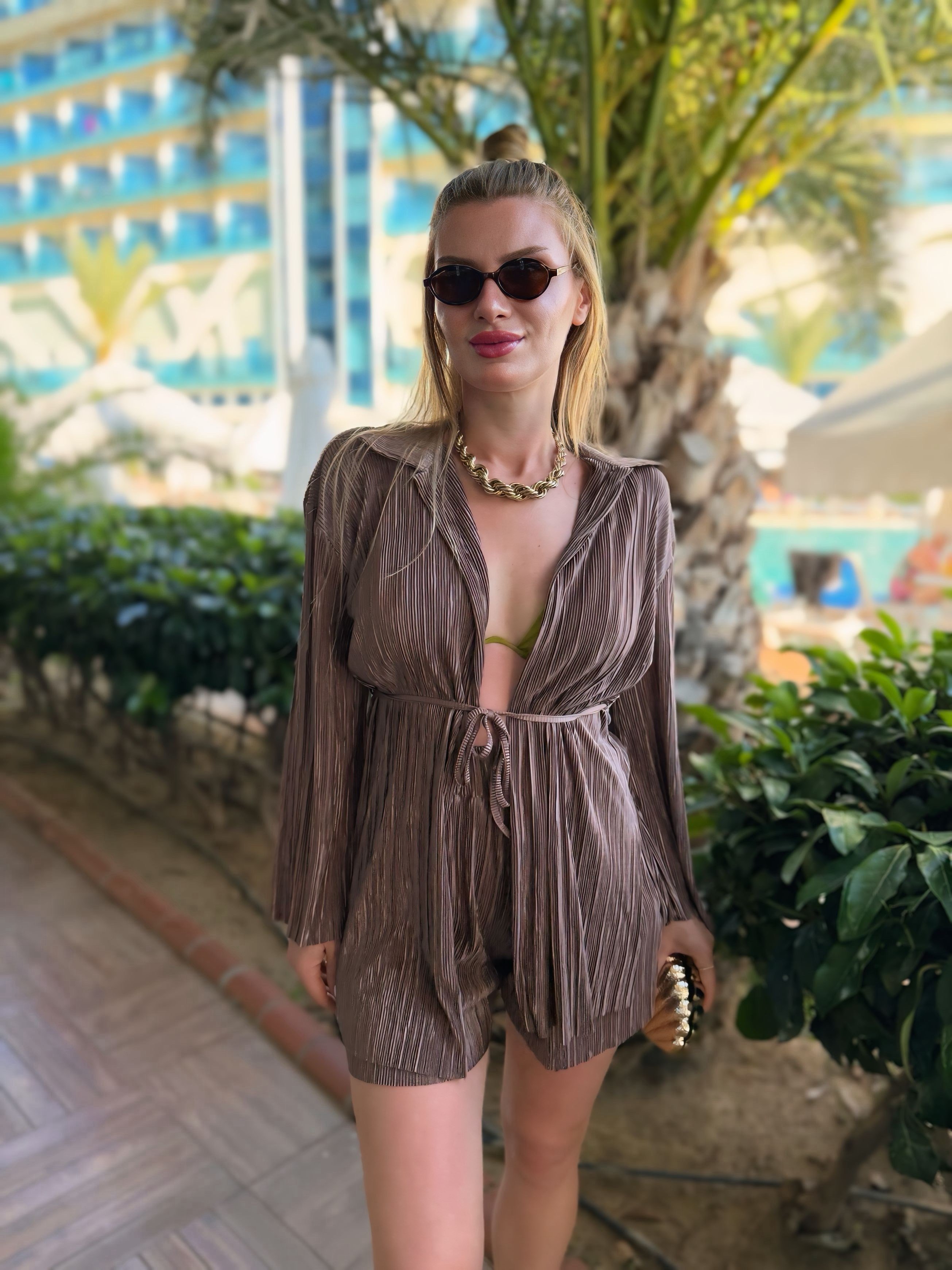 TAKIMKahve Piliseli Kimono Şortlu Takım